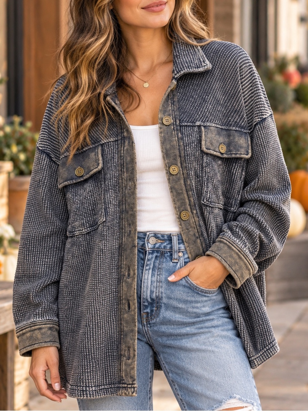 VICI Oversized Waffle Knit Shacket Washed Contrast Button Up Medium